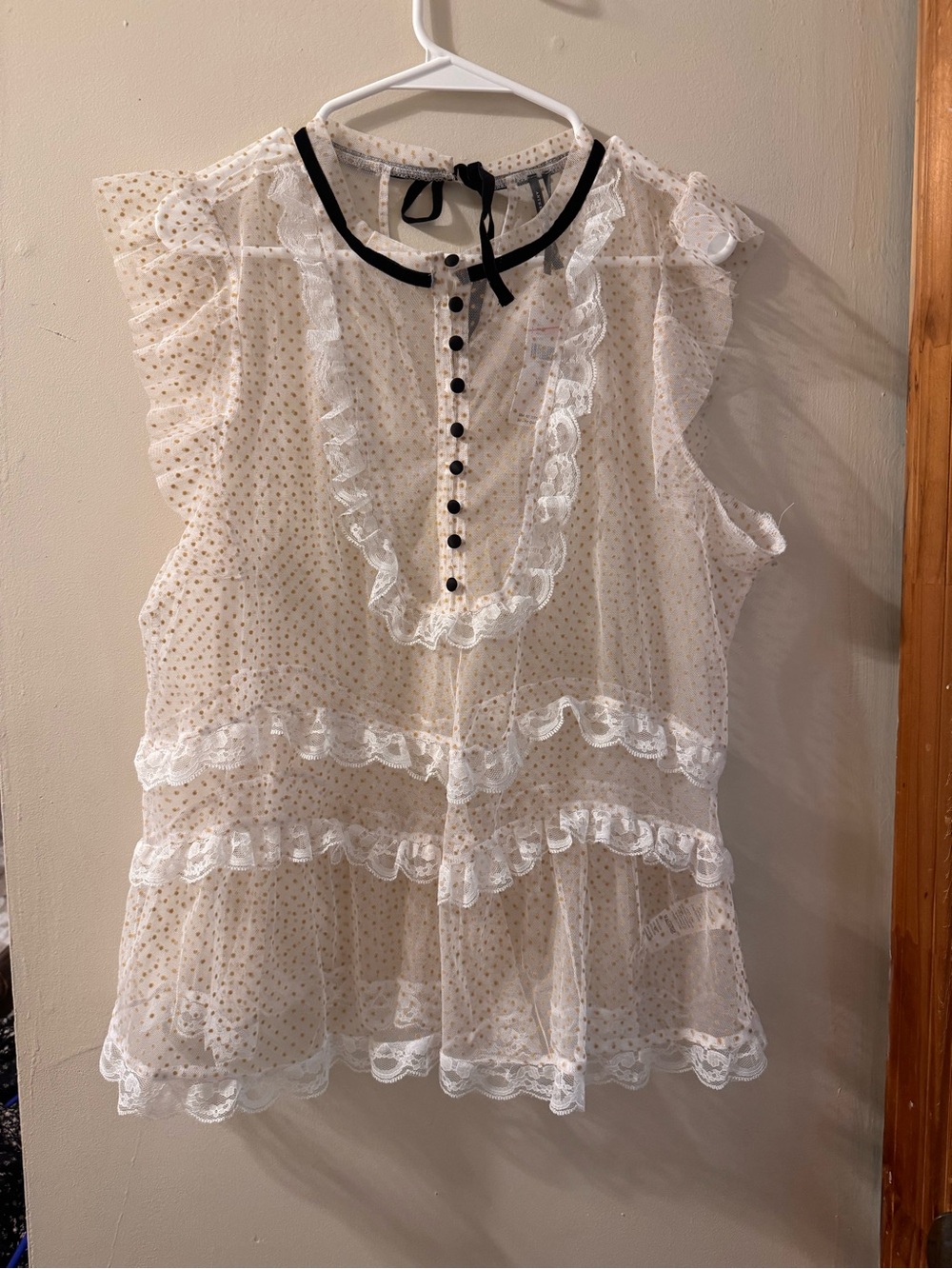 Anthropologie Cream Sheer Polka Dot Ruffle Sleeveless Blouse with Black Trim